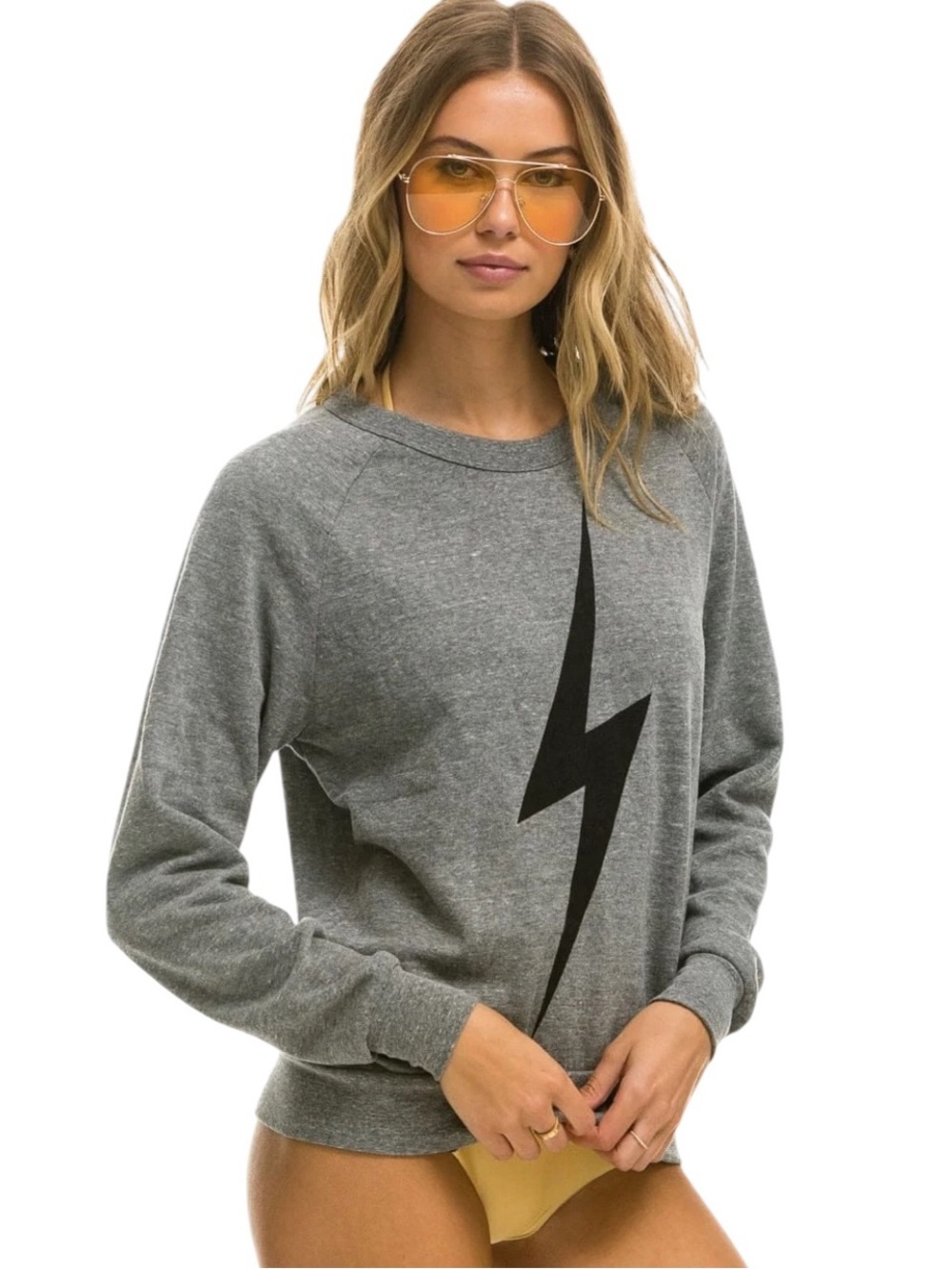 Aviator Nation Black BOLT Relaxed Crew Sweatshirt Heather Grey